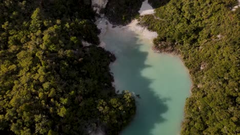 Turquoise-acidic-lake-in-crater,-surrounded-by-lush-native-rainforest