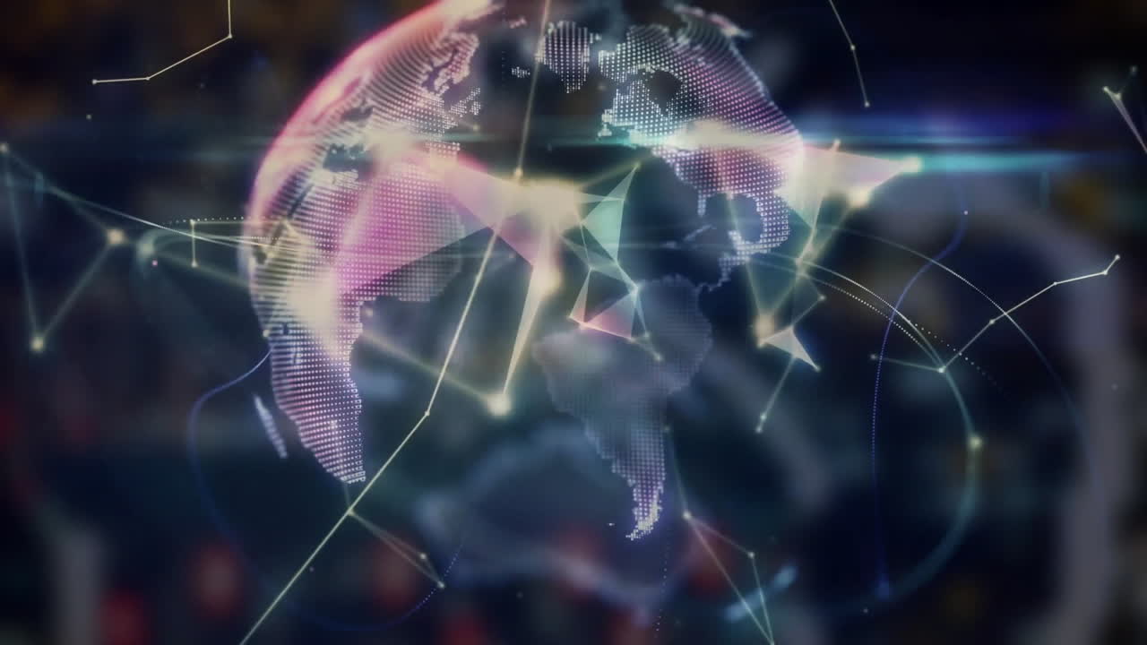 Animation of network of connections and globe over dark background