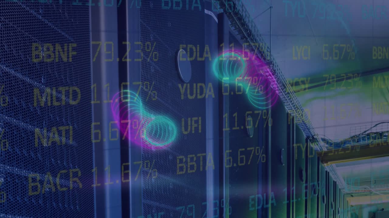 animación de círculos sobre servidores y datos financieros