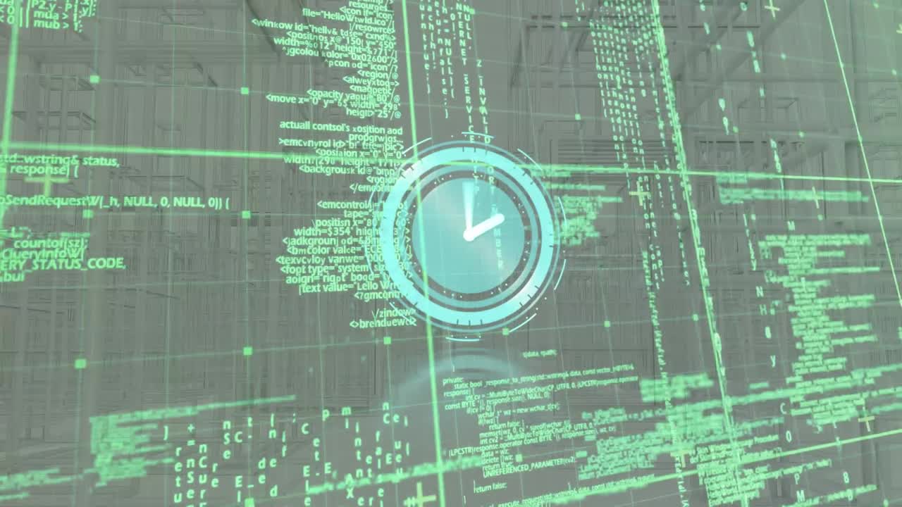 animación del reloj moviéndose sobre el procesamiento de datos y la ciudad del metaverso