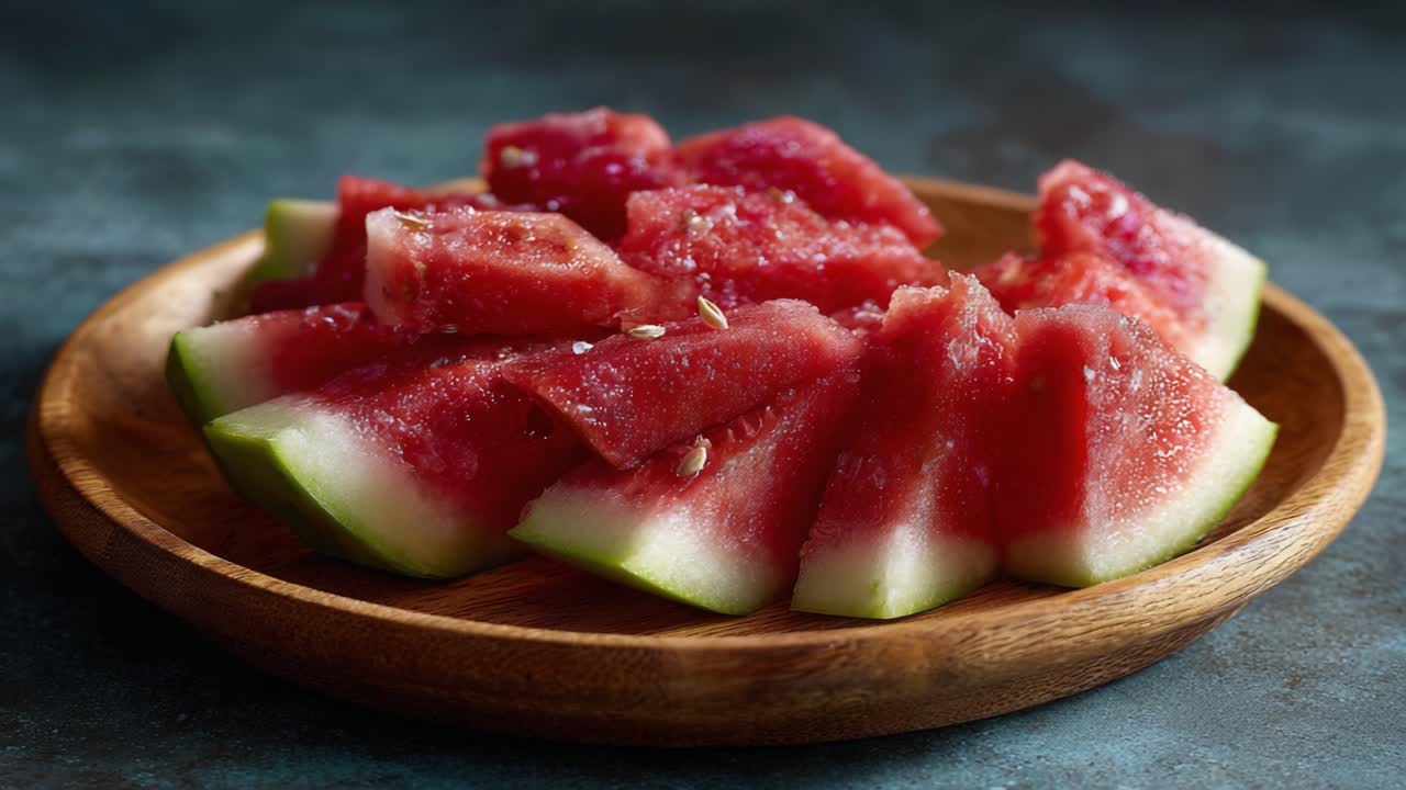 A Delicious Display of Freshly Cut Watermelon Slices Artistically Arranged on a Wooden Plate, Perfectly Ripe and Juicy for a Refreshing Snack