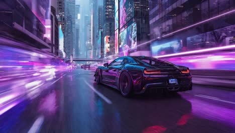 futuristic sports car night drive in a vibrant neon city
