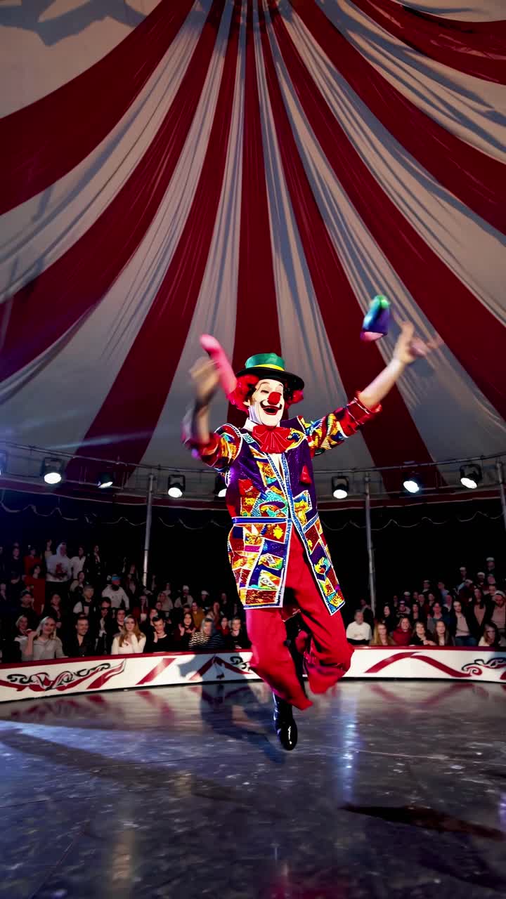 A vibrant clown juggles under a circus tent, captured from a low-angle shot, creating a dynamic