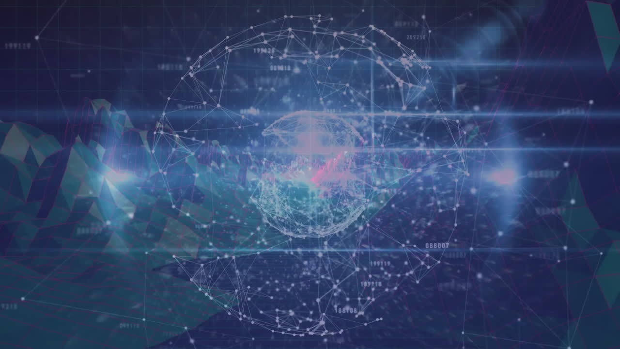 Holographic network sphere floating in 3D render interface, showing nodes, lines, data overlays