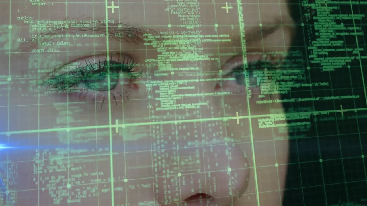animación del procesamiento de datos y puntos de luz sobre los ojos de una mujer caucásica