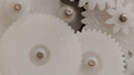 five plastic gears rotate in mutual mesh inside a small reduction gear