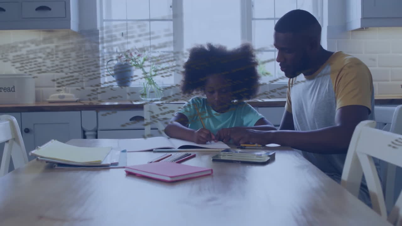 Animation of data processing over african american father and daughter doing homework