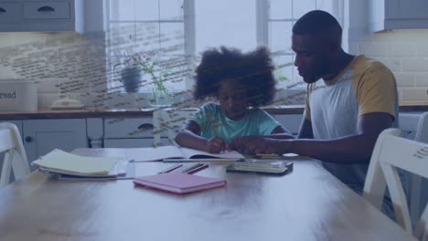 animation of data processing over african american father and daughter doing homework