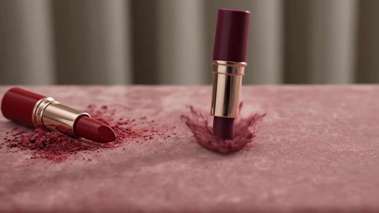 Cosmetic Lipstick Dropping onto Pink Powder Surface