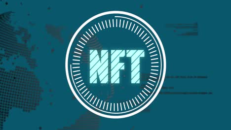 Animation-of-nft-over-globe-and-data-on-green-background