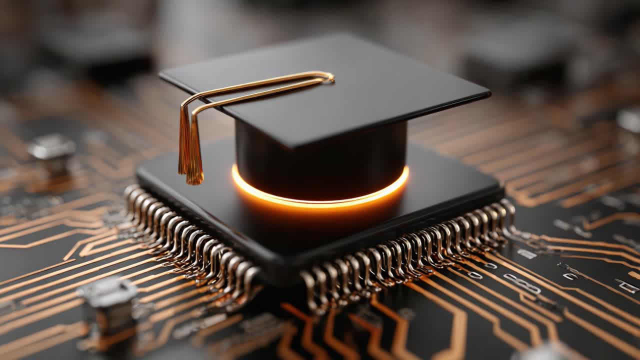 A Unique Fusion of Education and Technology: A Graduation Cap Resting on a Microchip, Symbolizing the Intersection of Knowledge and Innovation in the Modern World