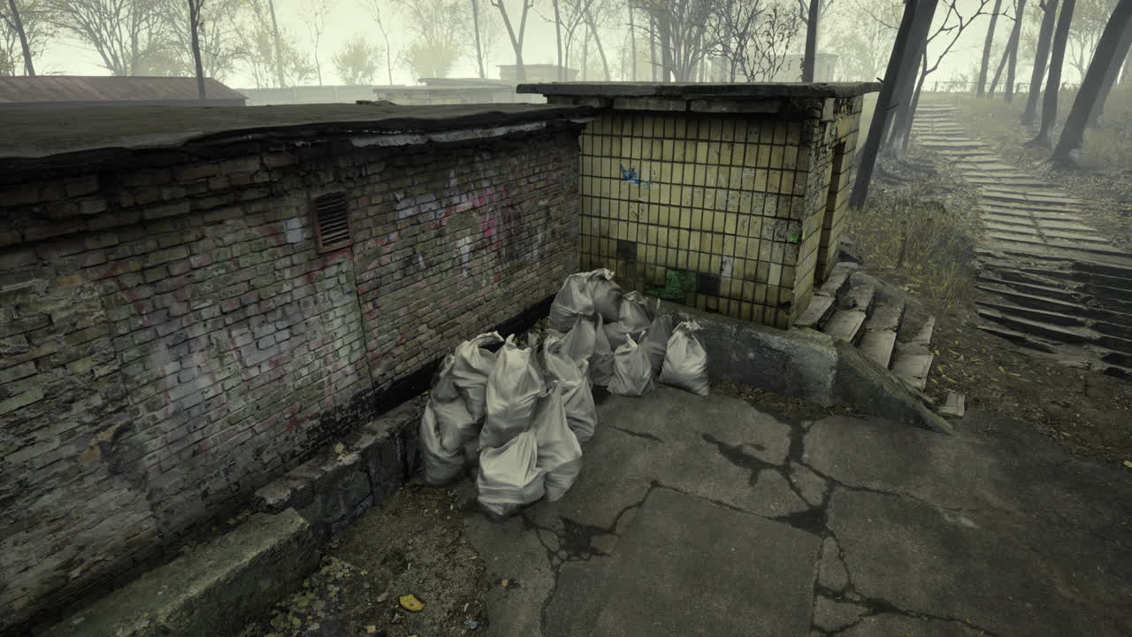 Trash bags pile up against a weathered brick wall surrounded by bare trees