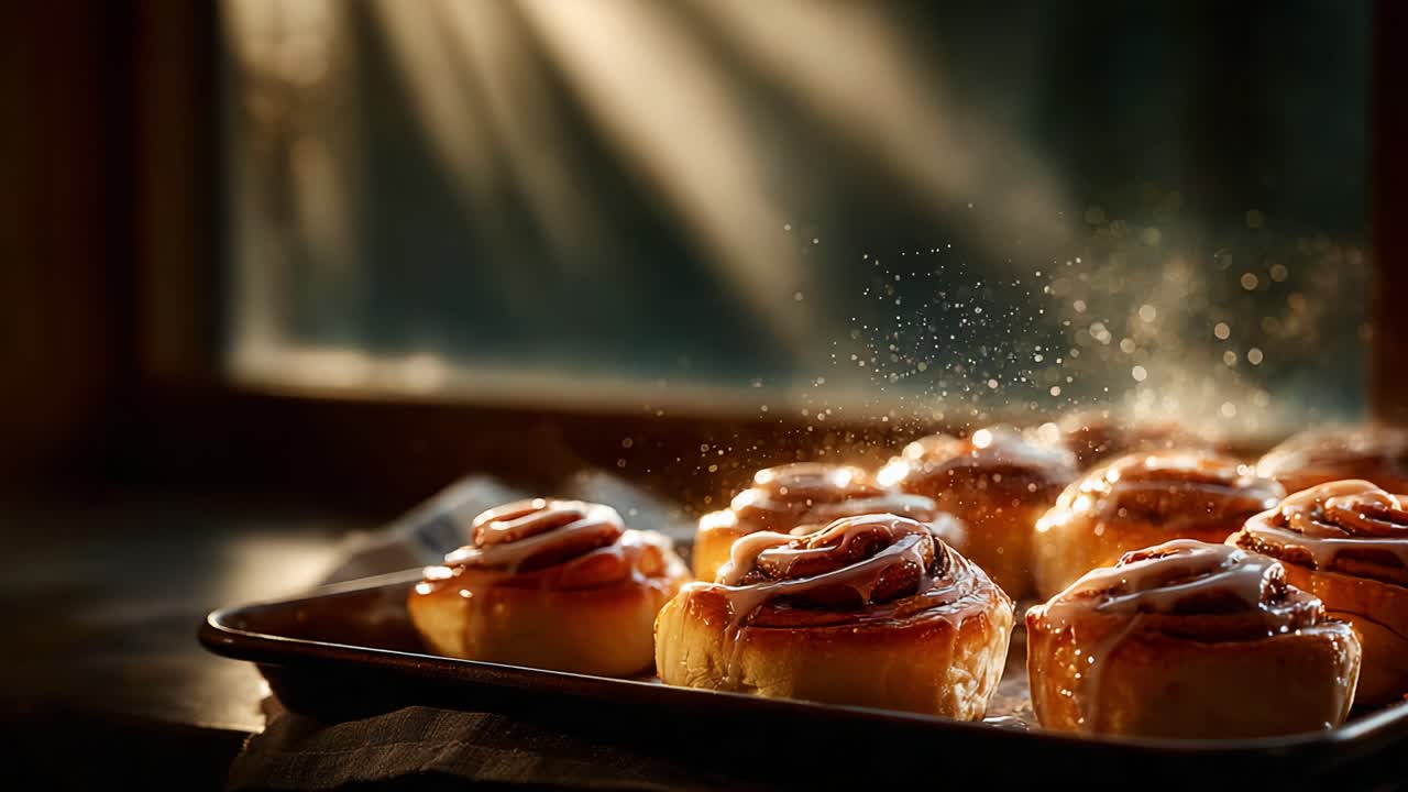 Deliciously Baked Cinnamon Rolls Glaze Drizzled and Freshly Made, Capturing the Warmth of a Cozy Morning with Light Streaming Through a Window in a Rustic Setting