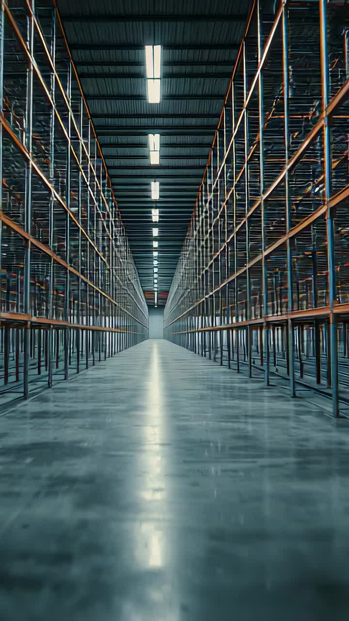 Vertical video: Starting low camera rolling down central warehouse aisle, revealing empty racks