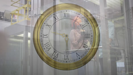 animation of retro ticking clock against diverse man and woman discussing in elevator at office
