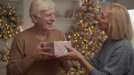 elderly woman gives christmas present to her husband