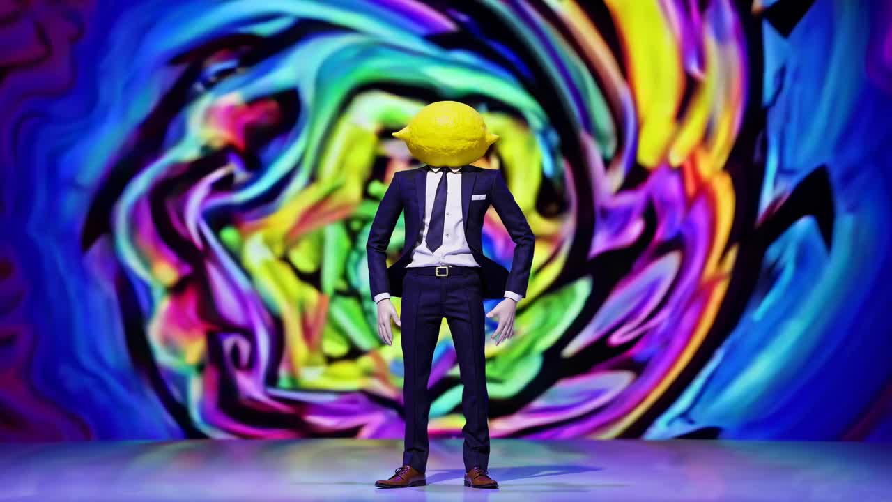 다채로운 배경을 가진 무대에서 레몬 머리를 가진 슈트 남자