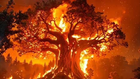 a large tree in the middle of a forest on fire