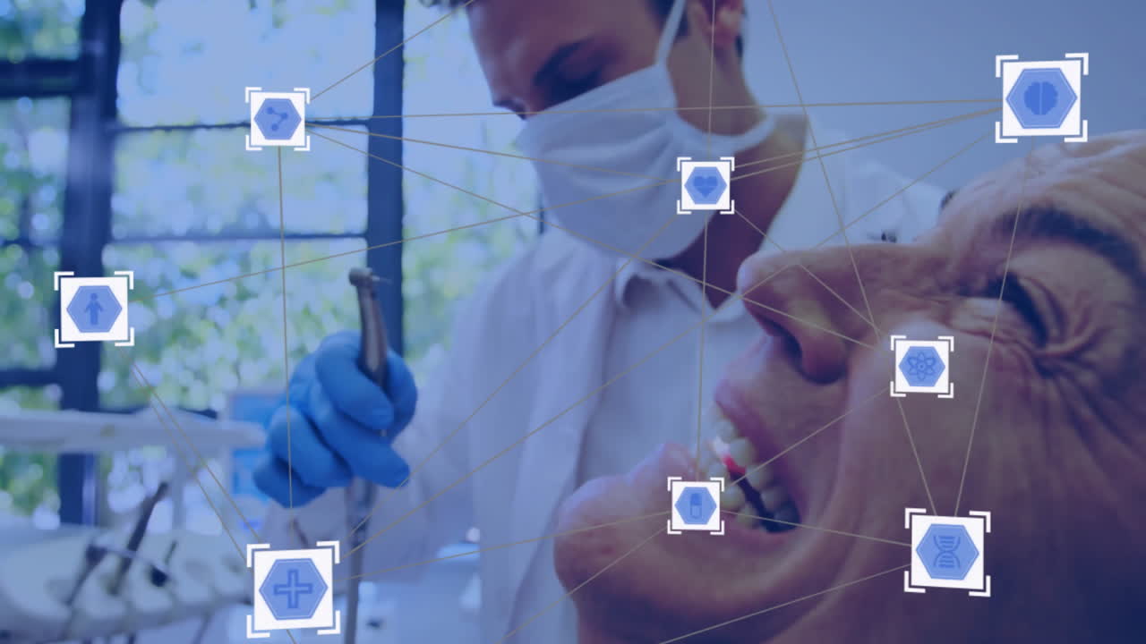 Dentist treating patient with dental tools, connected medical icons animation over scene