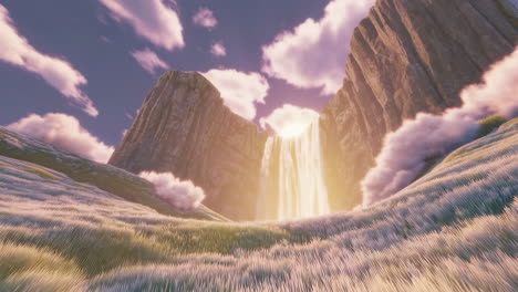 glowing waterfall in a mystical mountain valley