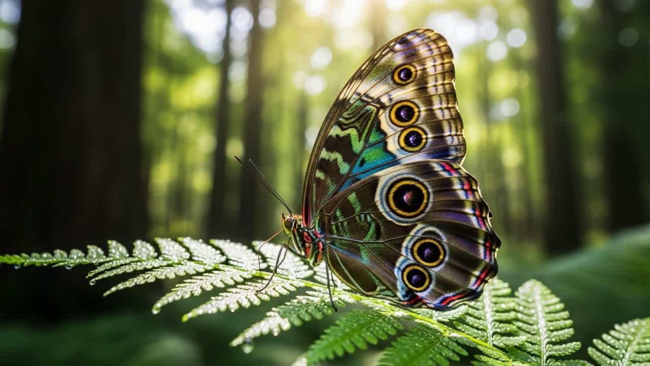 Una Splendida Farfalla Posata Elegantemente su una Felce Verde Rigogliosa in una Foresta Rigogliosa, Catturando la Bellezza dei Disegni Intricati della Natura e i Dettagli Colorati