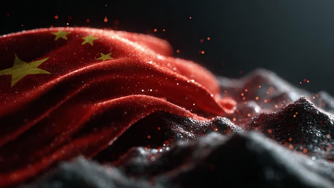 A Dynamic Presentation of the Flowing Textures and Vibrant Colors of a Flag Against a Dramatic Background of Dust and Particles