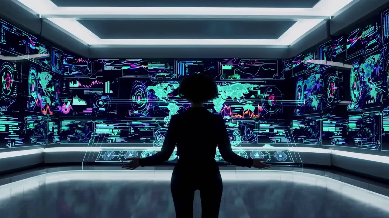 Silhouette of a person in a futuristic control room, viewed from behind