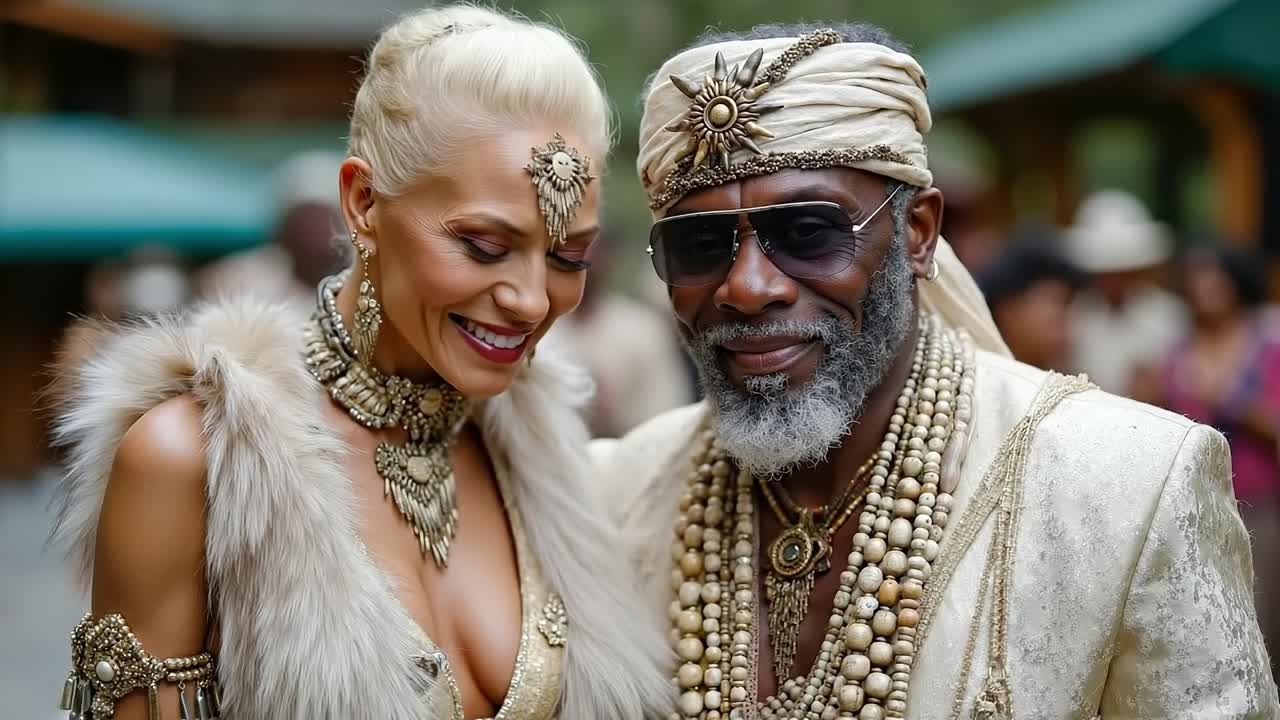 A man and a woman dressed in costumes standing next to each other