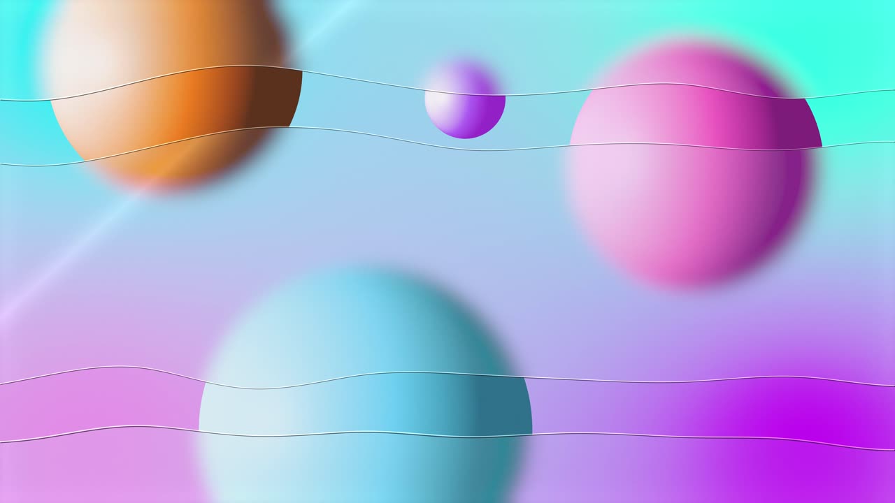 Et problemfrit loop af farverige 3D-kugler, der bevæger sig bag frostede, bølgende glasoverflader. Moderne abstrakt baggrund med livlige blå, lilla og orange farver til teknologiske og kreative projekter.