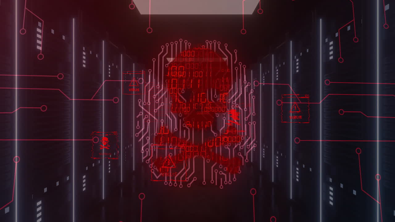 circuitos rojos y animación digital del cráneo sobre el fondo oscuro de la sala del servidor