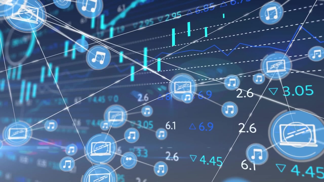 Animation of network of connections with icons over financial data