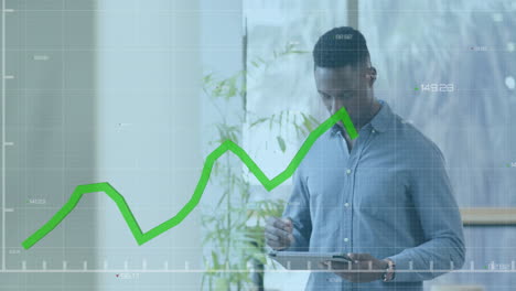 animation of financial data processing over african american businessman in office