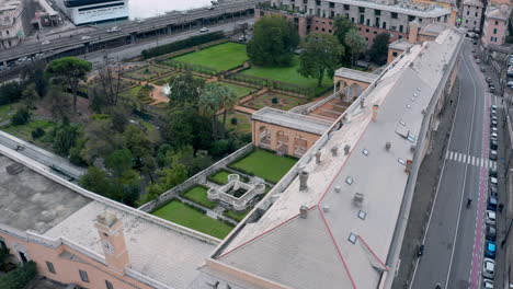 Aerial-over-Villa-del-Principe---view-of-garden-and-fountain-of-Neptune,-Genoa