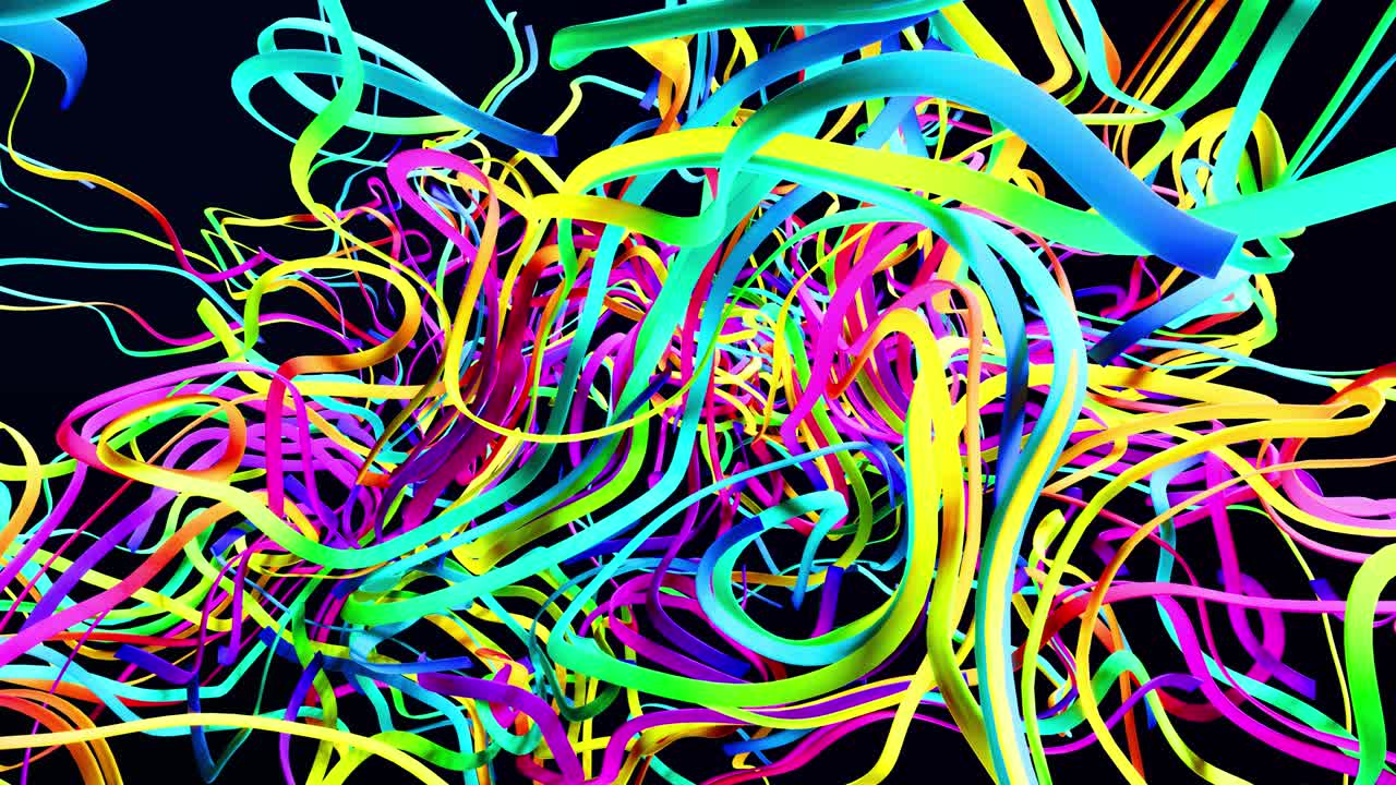 4k abstract bg con líneas multicolores crecientes como cintas brillantes que forman ruido de rizos. fondo de diseño de movimiento 3d creativo y colorido. luma mate como canal alfa. material de brillo subterráneo. líneas curvas