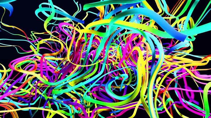 4k abstract bg with grow multicolor lines like glossy ribbons forming curl noise. Creative colorful 3d motion design background. Luma matte as alpha channel. Subsurface glow material. Curved lines