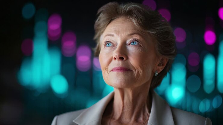 An optimistic older woman gazes thoughtfully into the distance, surrounded by vibrant colorful lights and soft bokeh effects, symbolizing hope, wisdom, and the beauty of life's transitions
