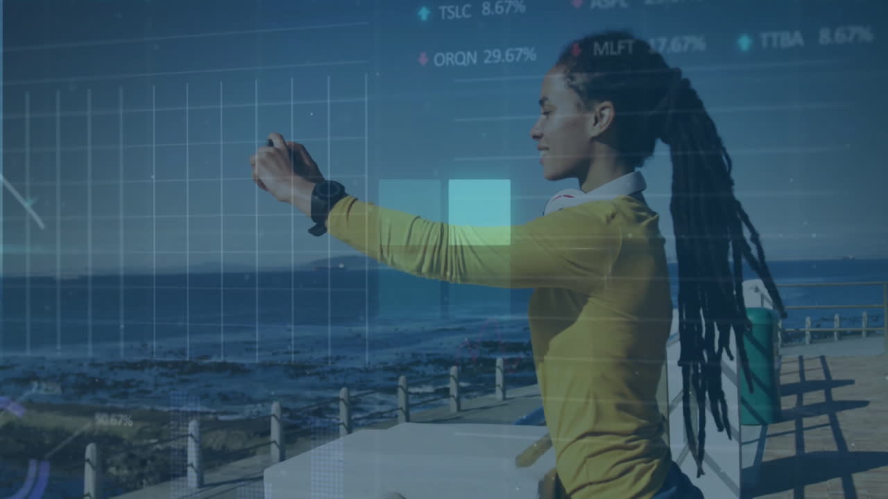 Animation of squares, graphs and trading boards over biracial taking sea video using cellphone