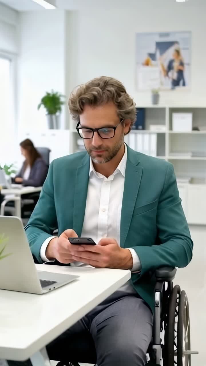 Businessman with disability sitting in wheelchair at desk and using mobile phone