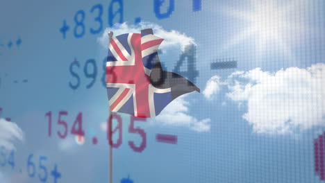 british flag waving over financial data animation with clouds in background