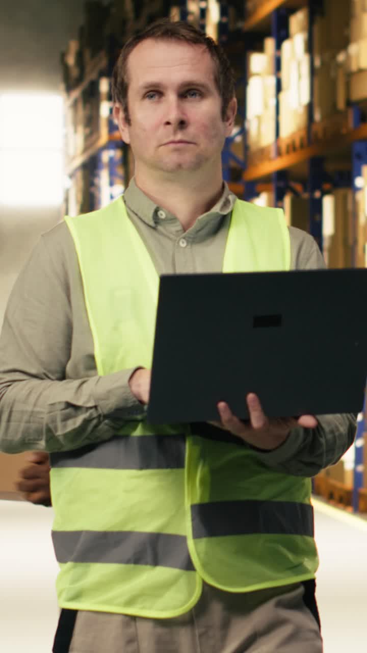 Video verticale: Impiegato di deposito che utilizza un laptop per il controllo dell'inventario dei pacchi