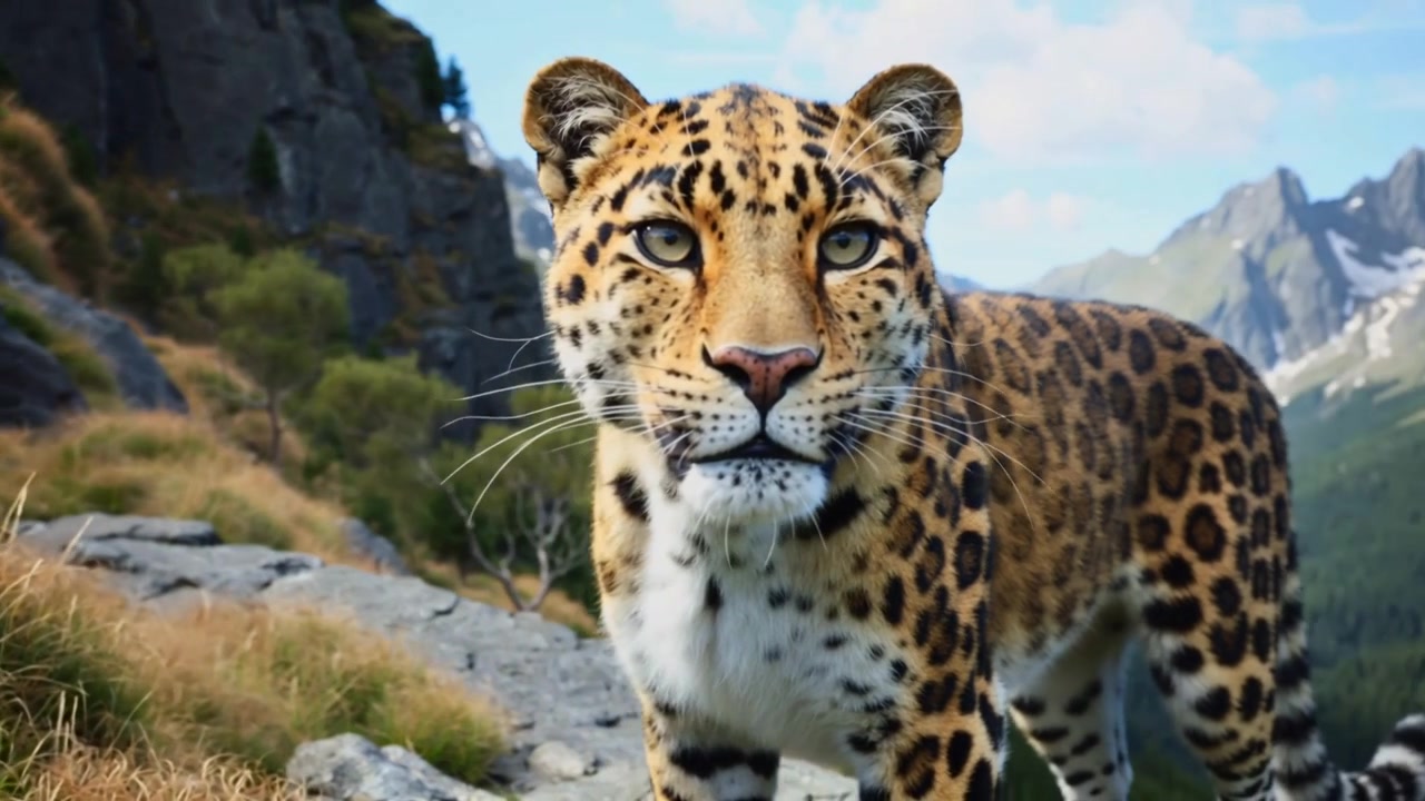 Devriye gezen yetişkin bir leopar, kayalık yamacı tararken dağ sırtı boyunca ilerleyerek kameraya yaklaşıyor.