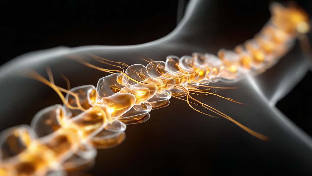Una rappresentazione artistica della colonna vertebrale umana che mette in evidenza l'intricato sistema nervoso con un effetto luminoso, mostrando la connessione tra la spina dorsale e i percorsi neurali.