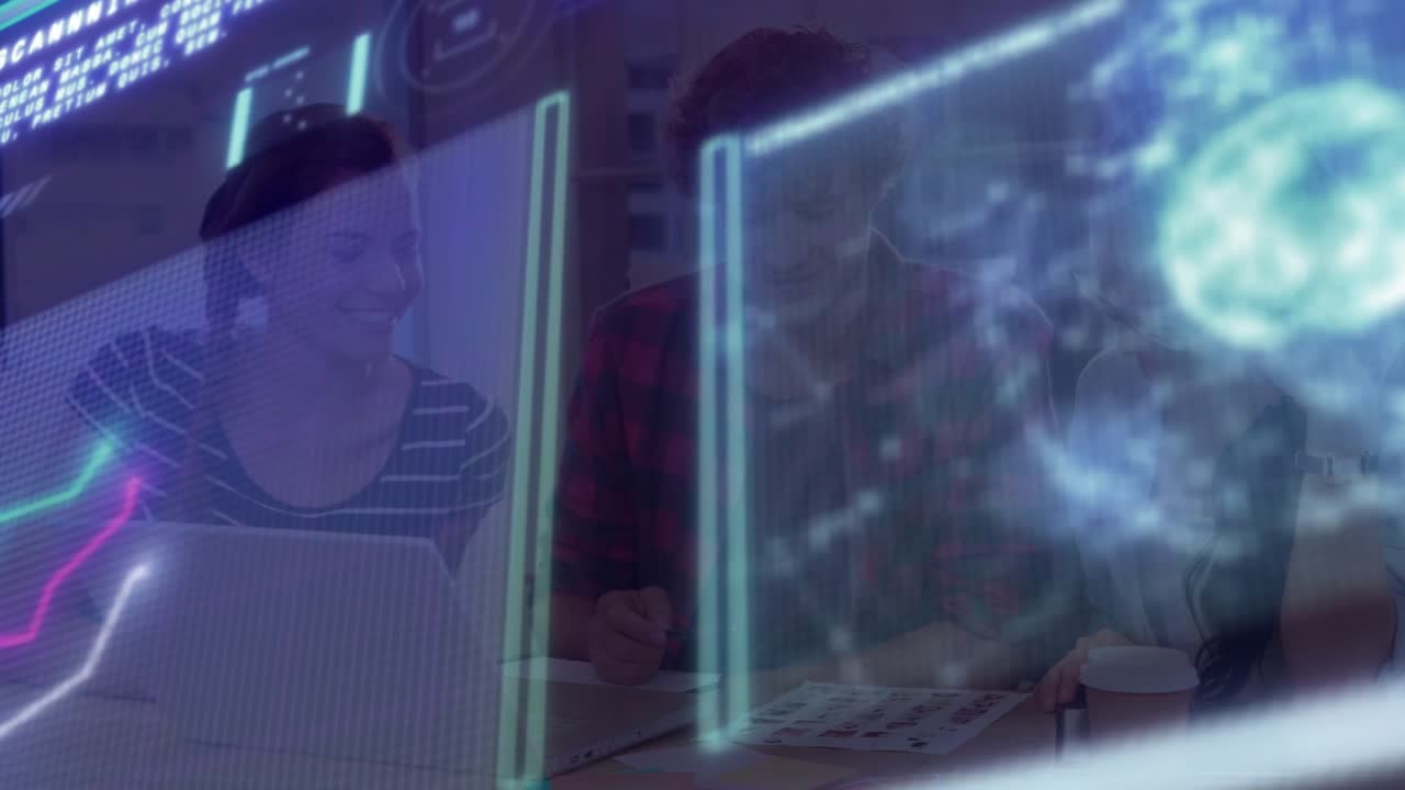 Coworkers pointing laptop chart, activating neon bars and holo orb during business data review