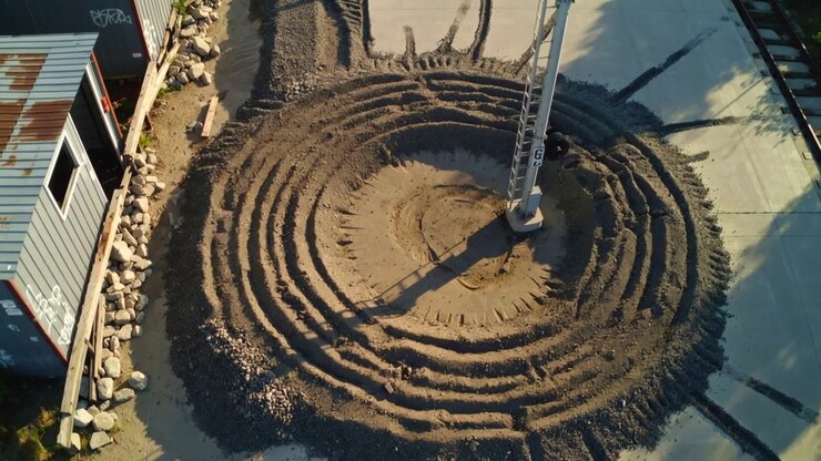 Moving drone camera revealing ringed gravel circle around pole on lot, as sun casting long shadows