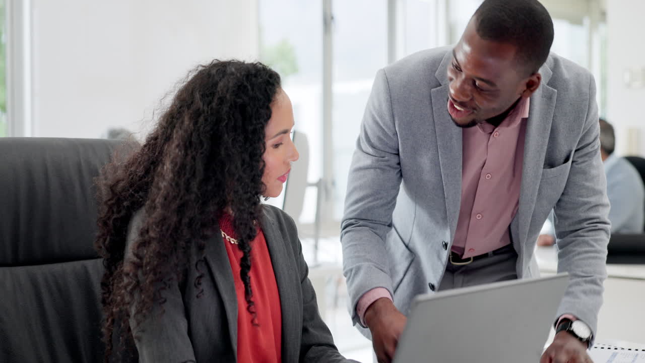 Laptop, discussion and manager helping