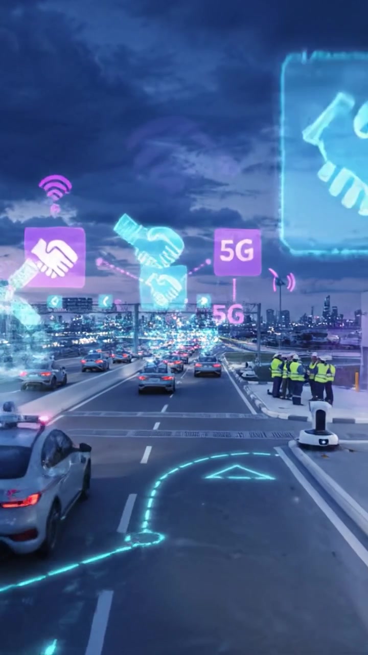 Traffico notturno su un'autostrada urbana con display digitali e presenza della polizia, che mostra la moderna tecnologia dei trasporti su una strada cittadina trafficata