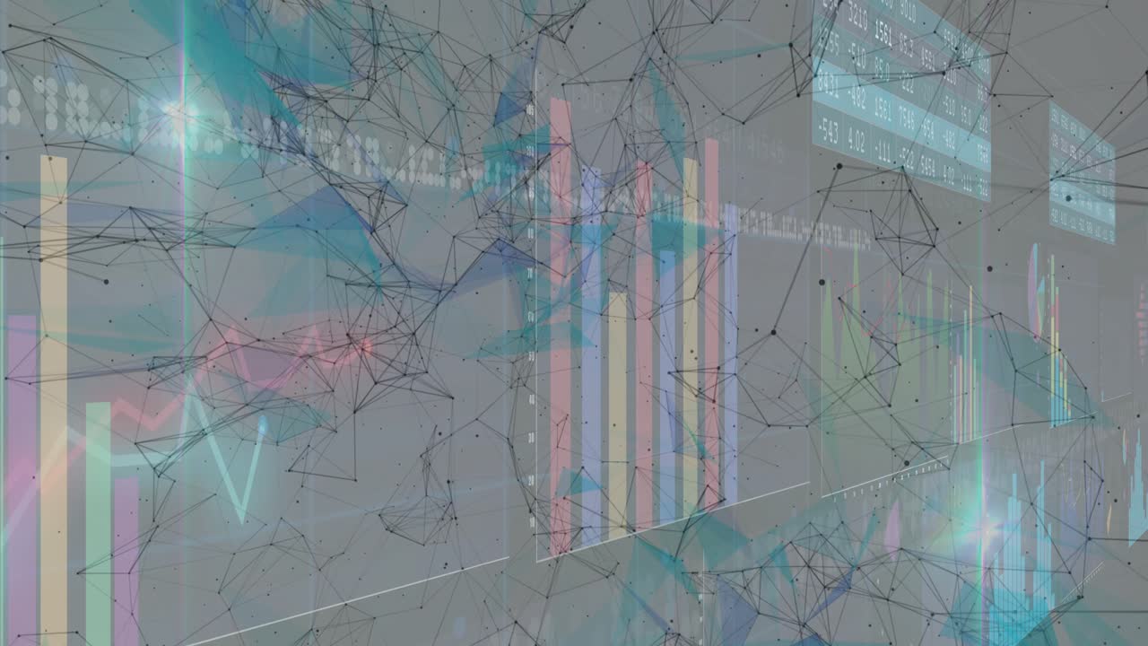 Network fading in and expanding as pastel bars, cyan graph and table pulsing showing dynamic data