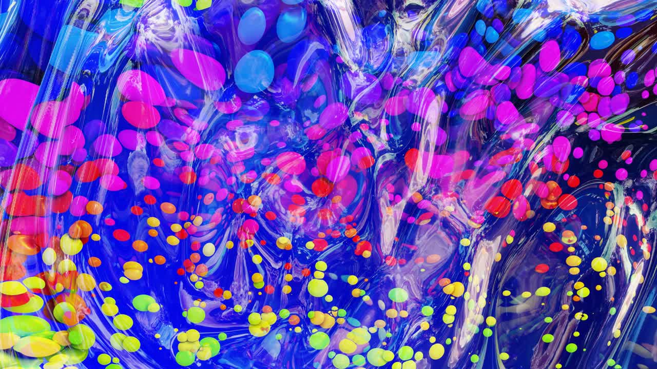 アブストラクトなループ状の背景は光沢のある光沢のある表面で波状の青い液体と虹色の円が油の塗料の滴のように浮かびます 4k 3d のカラーグラデーションで美しいクリエイティブな背景です