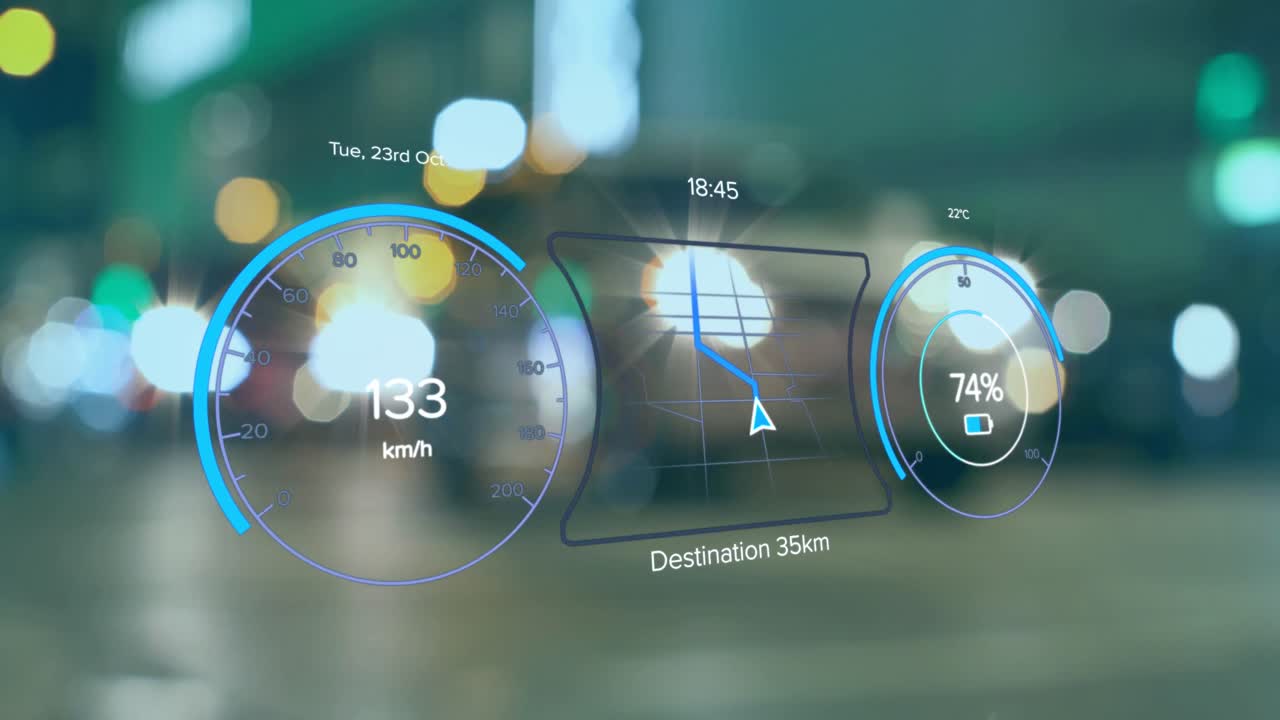 도시를 가로지르는 전기 자동차 속도계 데이터 처리 애니메이션