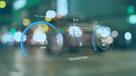 animación del procesamiento de datos del velocímetro de coches eléctricos sobre la ciudad